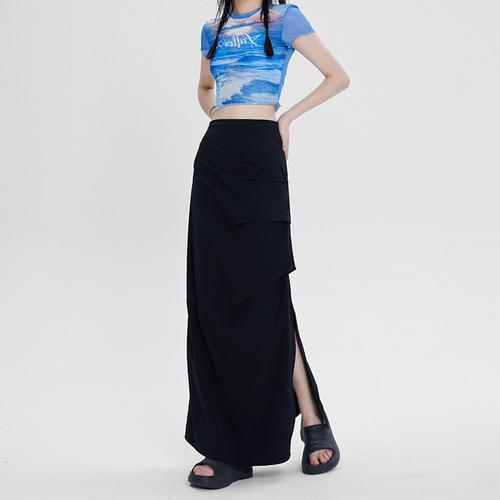 Elegant Skirt Women Sexy Slim Side Slit Pleated Mid-length Hip Skirt Y2k Vintage Fashion Bottoms Female Clothes Streetwear