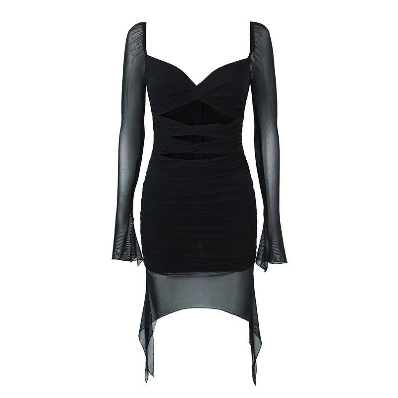 

Ruched Open Back Irregular Slim-Fit Dress Mesh Black(High quality) L