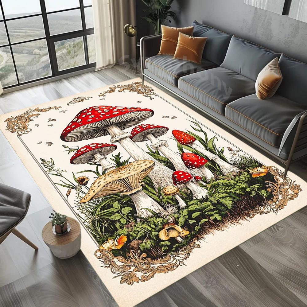 Mushroom Design Carpet Mat Rug Fern Leaves Forest Illustration Nature Pastoral Home Decoration for Living Room Bedroom Floor Mat