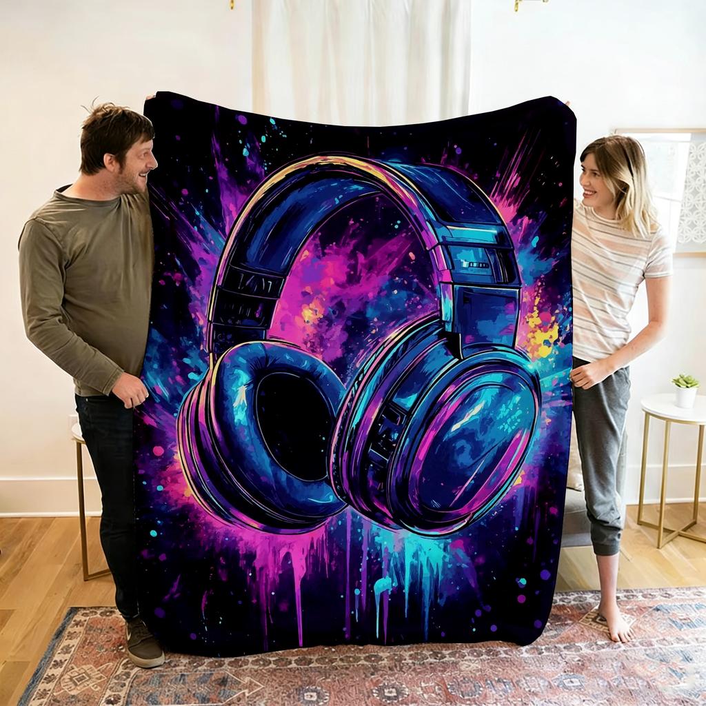 Live Music Neon Headphones Printed Flannel Blanket Perfect for Sofa Office Bed Travel Sleep Read Relax Camping Four Season Use