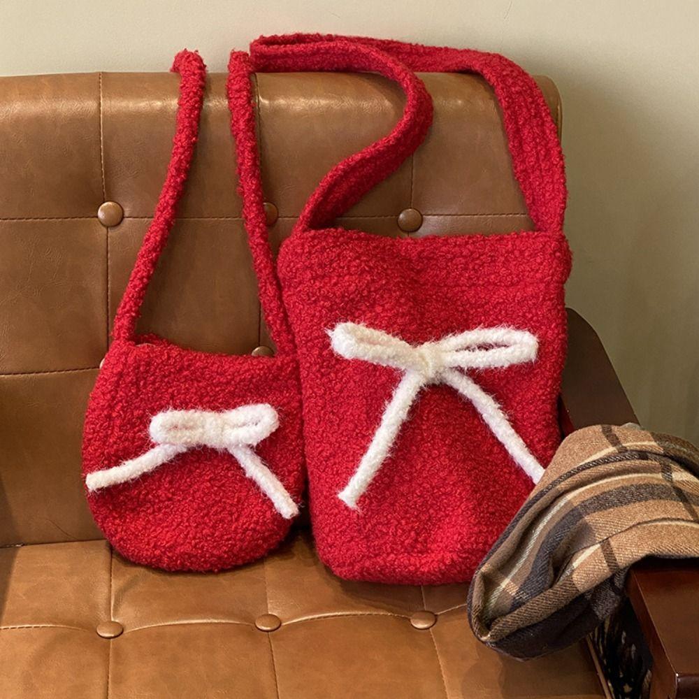 Single Shoulder Plush Bucket Bag Large Capacity New Year Red Tote Simple Red Crossbody Bag Autumn
