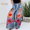 Dámské kalhoty Stahovací šňůrka Elastický pas Přehnaný tištěný design Široké kalhoty Imitace džínoviny Kalhoty s kapsami