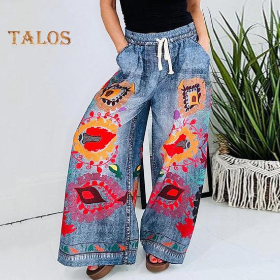 Dámské kalhoty Stahovací šňůrka Elastický pas Přehnaný tištěný design Široké kalhoty Imitace džínoviny Kalhoty s kapsami
