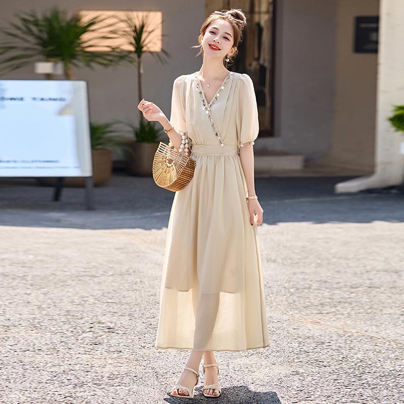 2025 Sommer Elegantes V-Ausschnitt A-Linien Kleid mit Einsätzen und hoher Taille ZQ2525