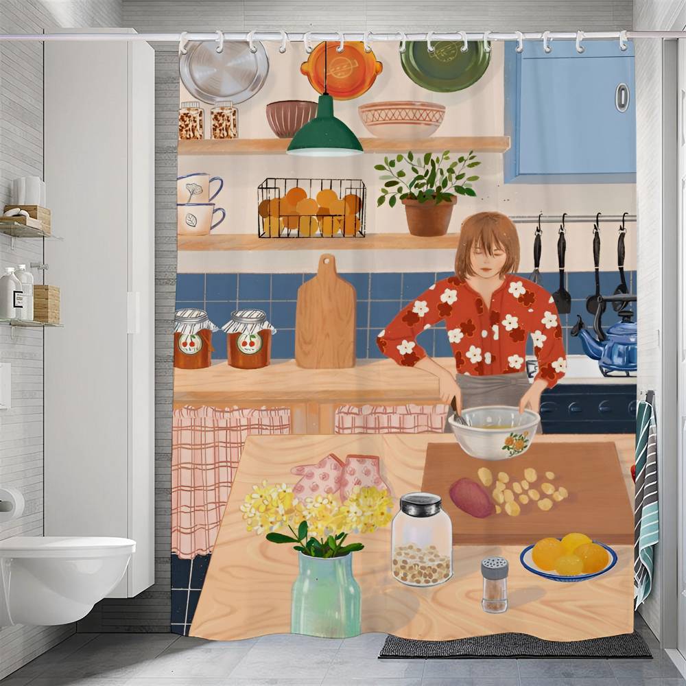 Söta Duschdraperier för Kökstjejer 180cm Polyester Modern Stil Badrumsgardin Med Krokar Vattentätt Roligt Duschdraperi