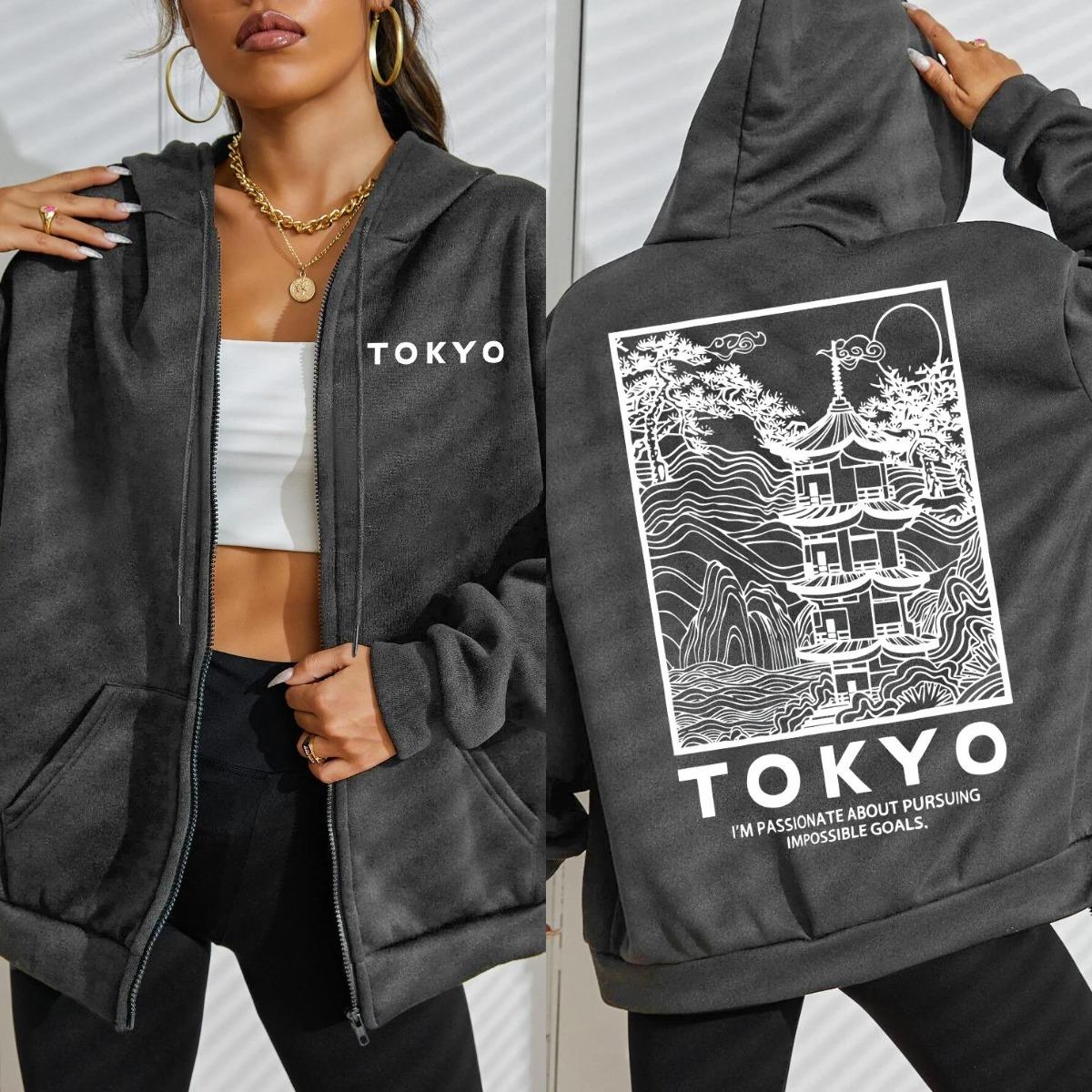 

Tokyo Creative Building Cherry Blossom Letter Design Women Zipper Streetwear Hoodie Casual Loose Hoody Autumn Top S