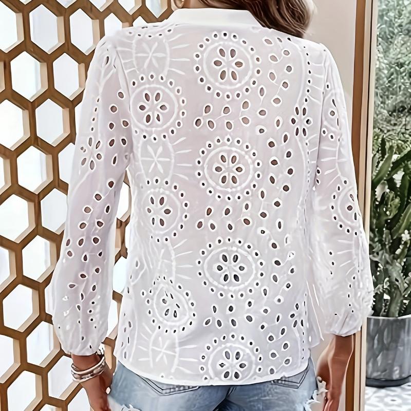 Mode V-Ausschnitt Ausgeschnitten Sexy Weiße Bluse Damen Oberteile Langarm Frühling Vintage Lässig Damenhemden Elegant Slim Stehkragen Elegantes Hemd 25872