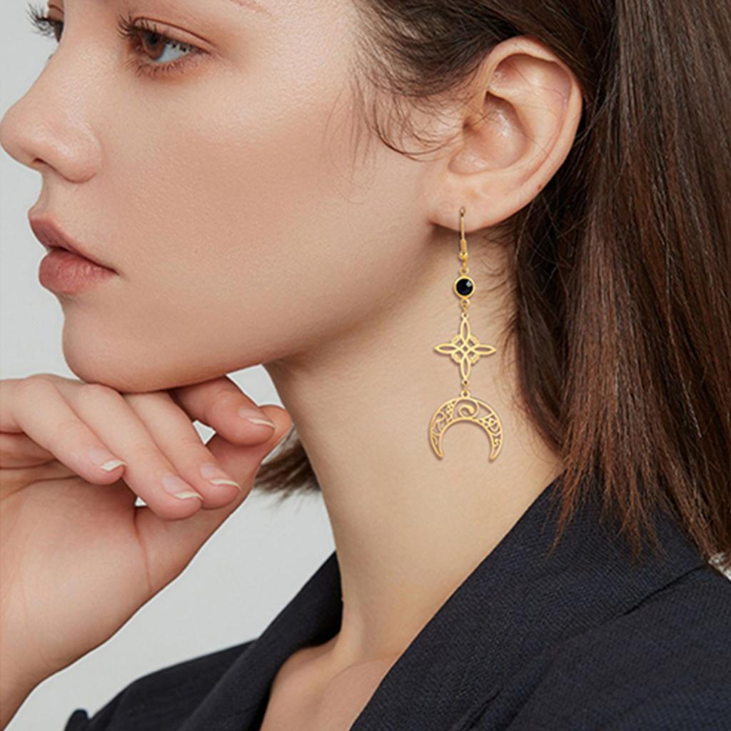 Witch Knot Moon Earrings Stainless Steel Black Birthstone Drop Earrings for Women Celtics Knot Lucky Irish Amulet Wiccan Jewelry