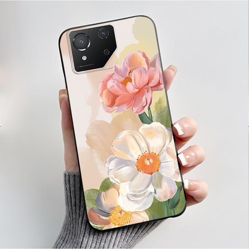 For ASUS ROG Phone 8 Case For ROG Phone 8 Pro Case Capa Soft Silicone Black Shell Cover Cute Flower Cartoon Printing Phone Cases