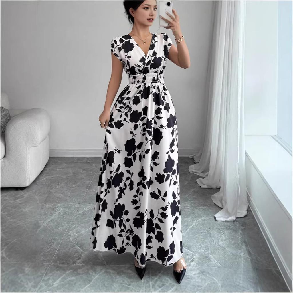 Women's Casual Floral Short-Sleeve Tie-Front V-Neck Fitted Dress for Summer