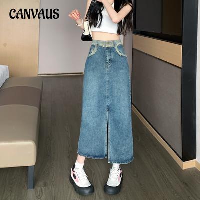 Spring and Autumn Women's Pants Design Sense Vintage Split High Waisted A-Line Mid-Length Skirt Mid-Length Denim Half-Body Skirt