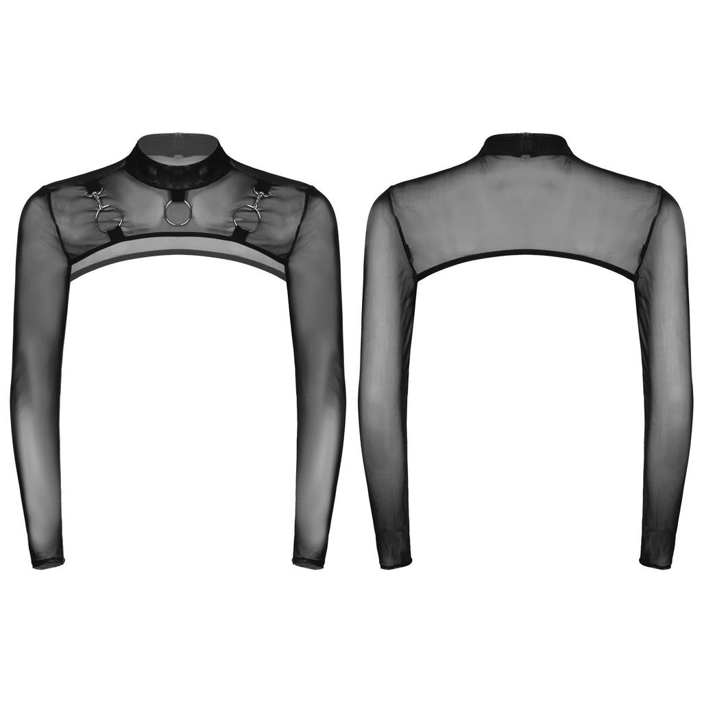 Buy Sexy Men Mock Neck Mesh Half Crop 