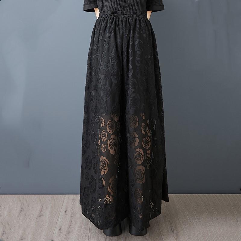 Black Plus Size Cotton Mesh Vintage Floral High Waist Casual Loose Summer Wide Leg Pants Women Trousers