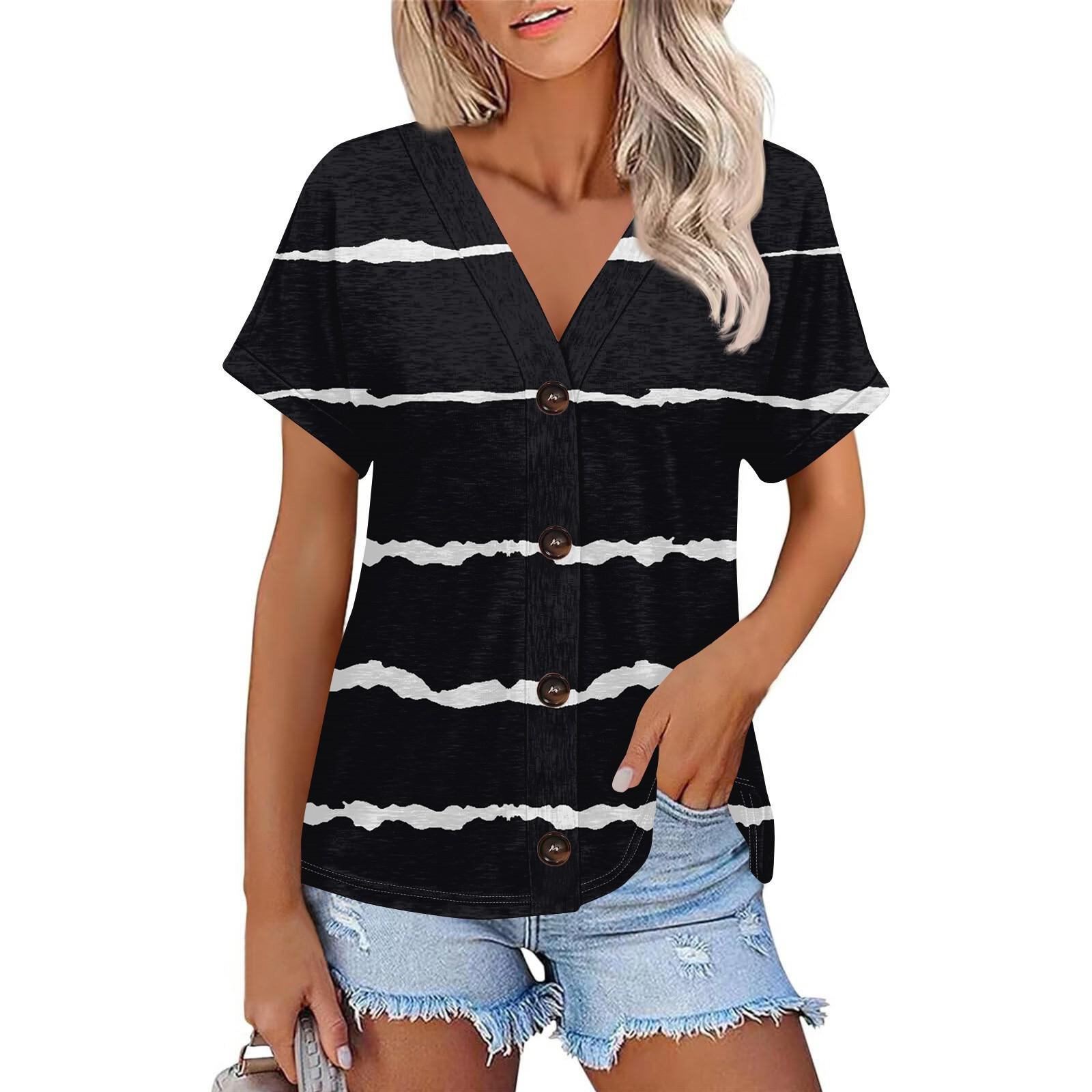 Women s Fashion Short-sleeved V-neck Striped Printed Top Casual Button Up T-shirt M