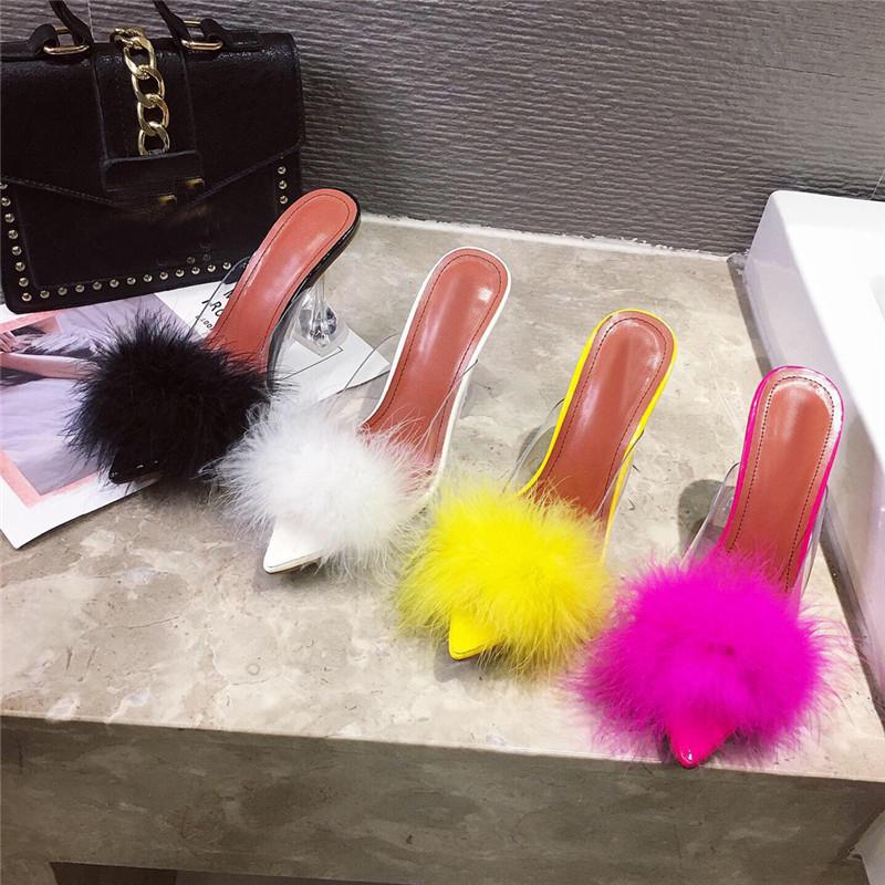 Eilyken Women Feather Transparent High Heels Fur Pumps Slippers Peep Toe Mules Pumps Slides White Ladies Shoes