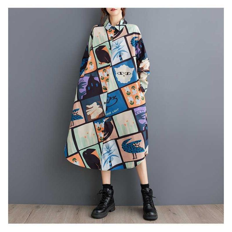 New Loose Large Size Oceanic Printing Mid-length Literary Retro Dresses