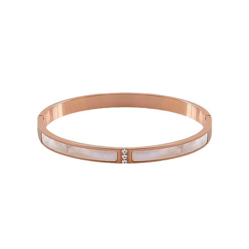 Three-Diamond White Mother-of-Pearl Rose Gold Bracelet - Stylish Titanium Steel Bangle for Women