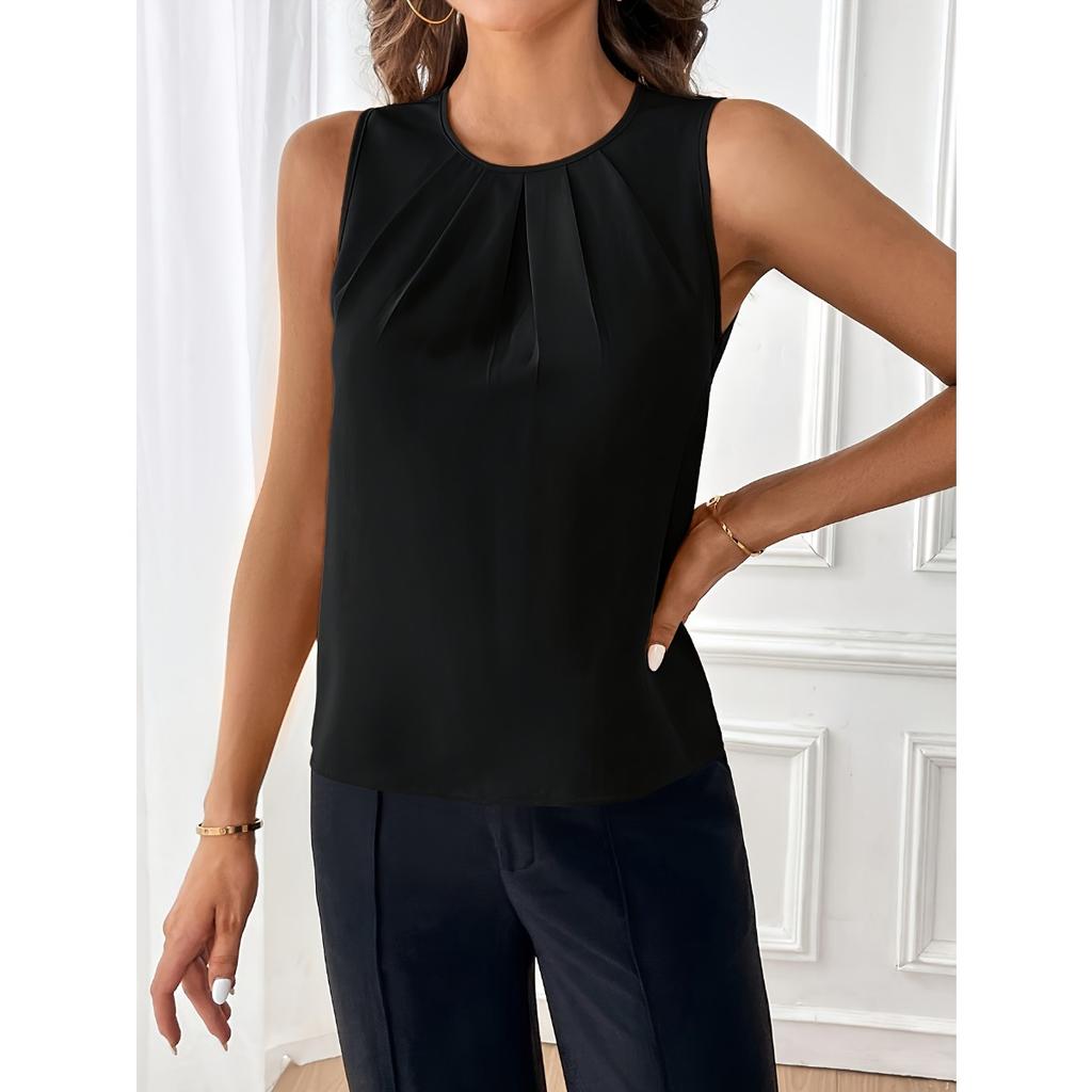 Women's Elegant Solid Color Crew Neck Tank Top, 100% Polyester Non-Stretch Woven Fabric, Fashionable Top for All Seasons