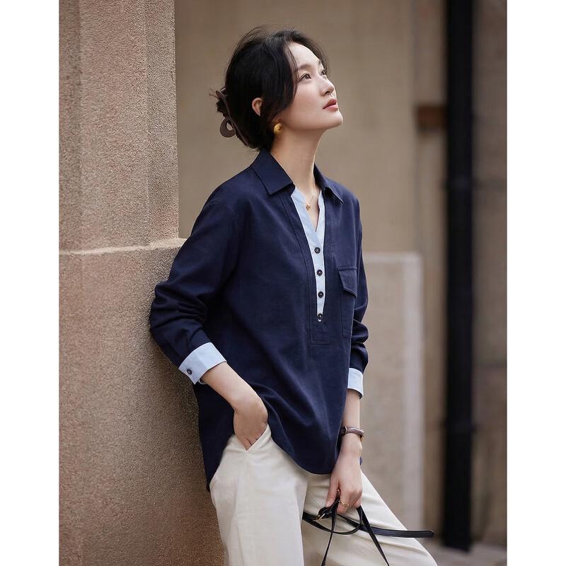 Demana Pure Cotton Color Block Faux Two-Piece Lapel Shirt M