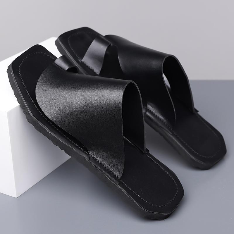 Herren Schwarze Leder Pantoffeln Einfache Flache Schuhe Sommer Weiße Flip-Flops Outdoor Römische Sandalen Braune Offene Zehen Strand Schuhe Übergröße