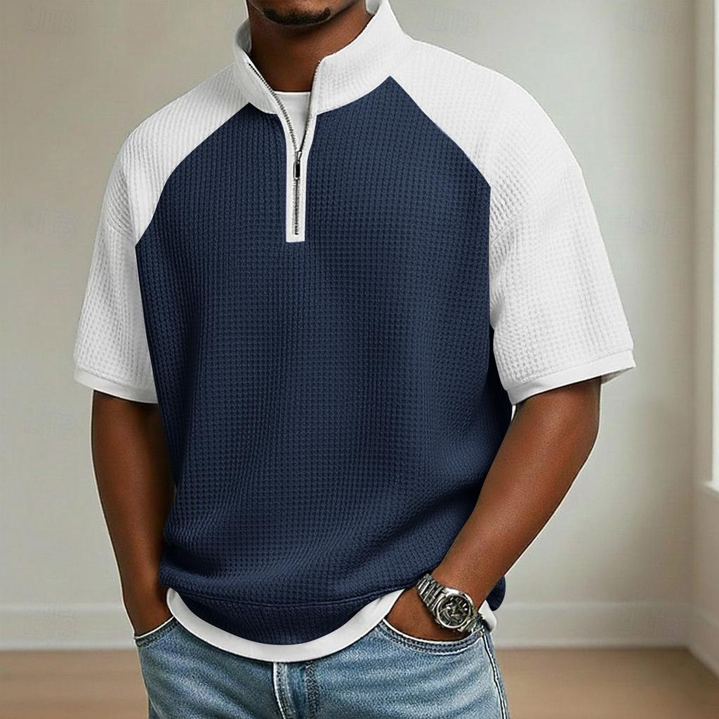 Men's Stand Collar Half Zipper Raglan Sleeve Color Block Casual Short-Sleeve Top