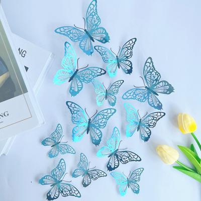 12 peças/conjunto Adesivo Colorido de Borboleta Oca Exquisito DIY Borboleta 3D Decoração de Parede Borboleta de Papel Simulação 3 Tamanhos Enfeites
