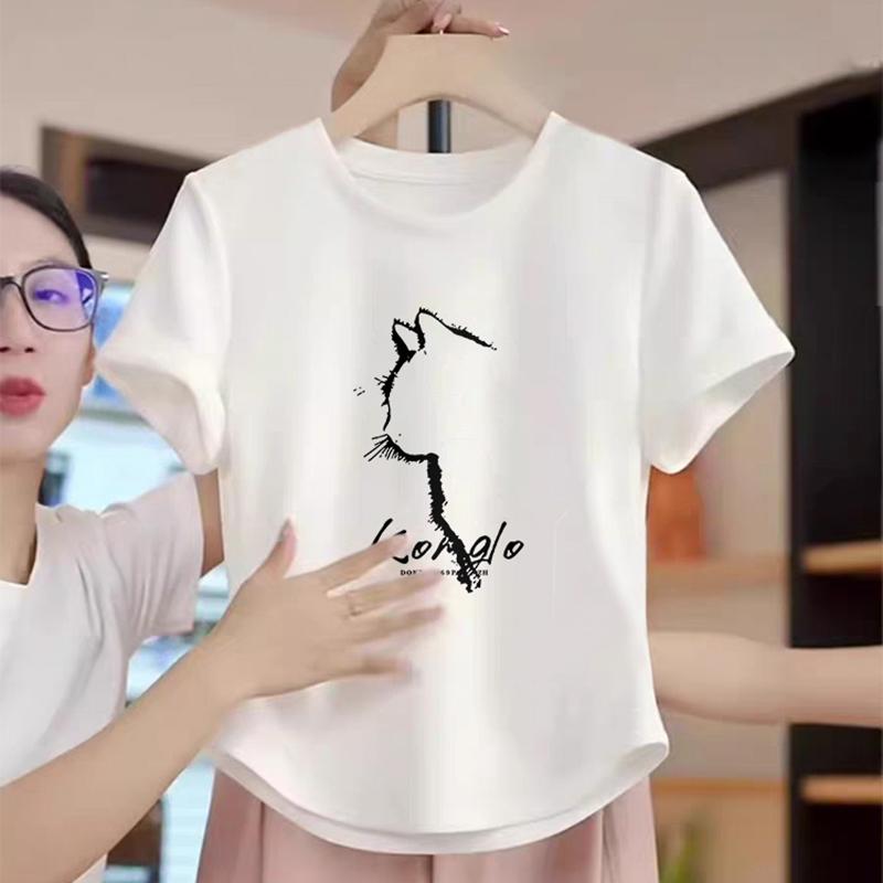 

Women s Summer 2025 European Straight Shoulder Curved Hem Cotton T-shirt - Round Neck, Short Sleeve L