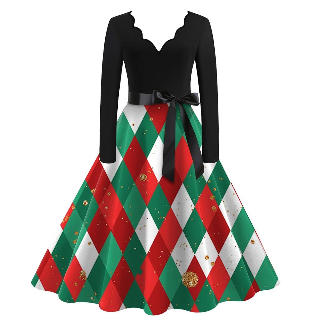 Ladies Casual Fashion Christmas Print V-Collar  Vintage Dress