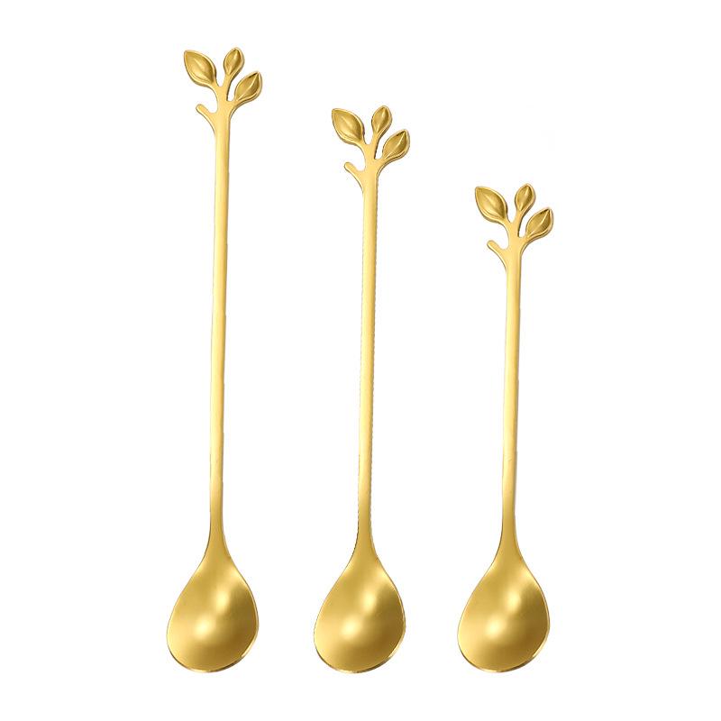 Gold Leaf Stainless Steel Spoon - Creative European Style Fruit, Coffee, Stirring, and Dessert Spoon Gift