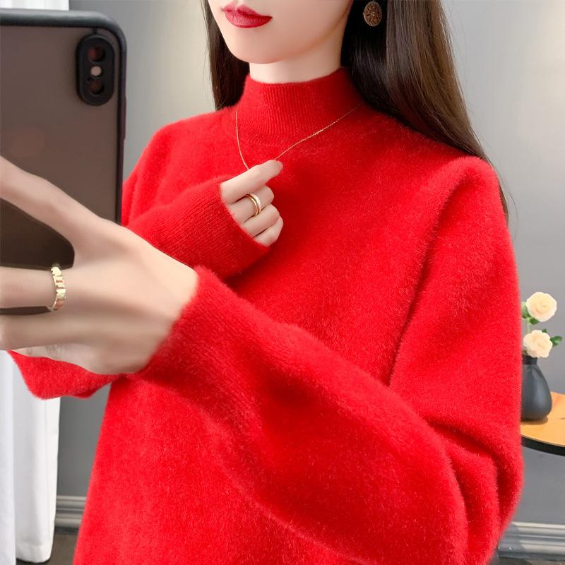 Autumn Winter Half High Collar Solid Color Simple Sweater Women Loose Casual All-match Pullover Knitting Top