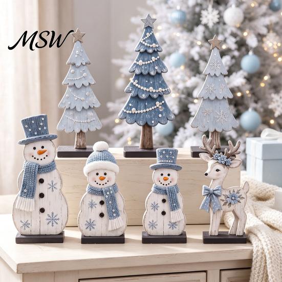 Festive Countertop Display Sets 7Pcs Christmas Wooden Tabletop Ornaments, Snowman Tree Reindeer Tiered Tray Decorative Figures Decor for Mantel,