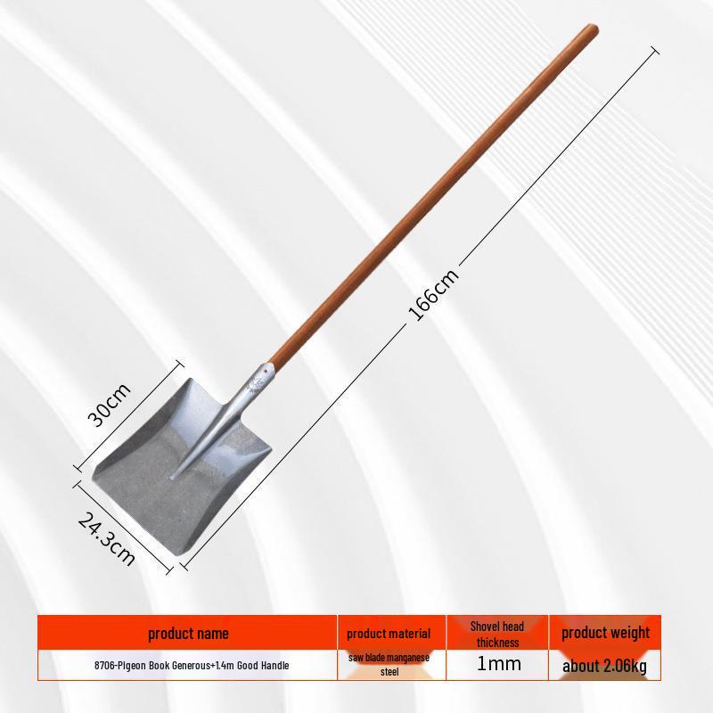 Iron Shovel with Manganese Steel Square Head & Wooden Handle, Natural Color, Large Size for Construction