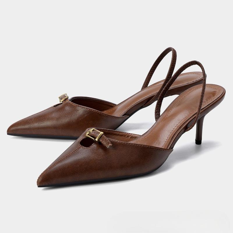 Vintage Brown Slingback Heels for Women Fashion Pointy Toe Metal Buckle Decorated Stiletto Sandals Luxury Party Designer Shoes