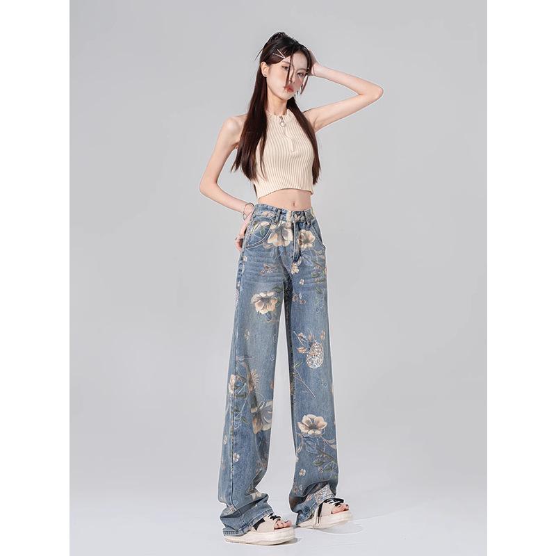 

Women s High-Waist Retro Print Wide-Leg Jeans - Spring to Summer 3XL