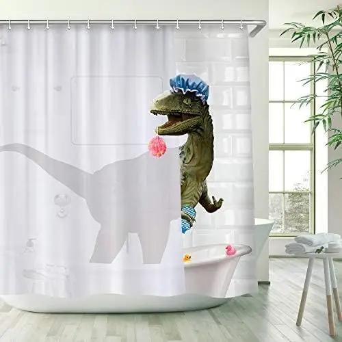 Lustige Katze reitet auf Dinosaurier Duschvorhang Niedliches Tier Meereswellen Surfbrett Kreatives Kinder Badevorhang Set Stoff Badezimmer Dekoration Polyester Fenster
