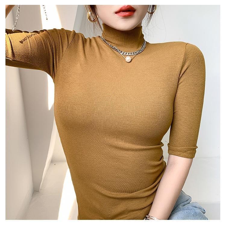 Elastic Slim Cotton Turtleneck T Shirts For Women Casual Short Sleeve Tee