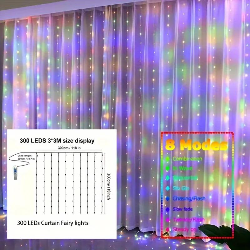 300 LED Fairy Light Curtain USB Remote Control 8 Modes String Lights Christmas Wedding for Bedroom Wedding Party Xmas Decoration