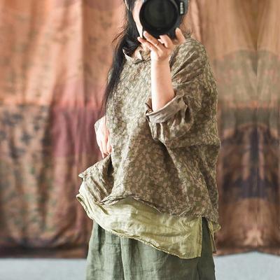 Vintage Summer Ramie Women T-Shirts Print Floral O-neck Long Sleeve Chinese Style Women Clothes Casual Tees