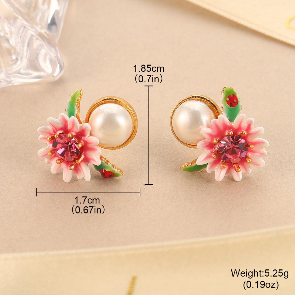 Flower Pearl Stud Earrings Enamel Oil Dripping Flower Mini Love Mori Design Sense Light Luxury Earrings Women