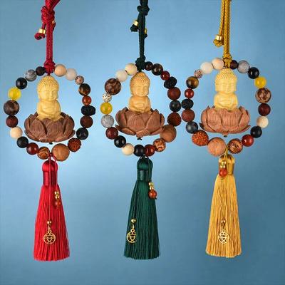 Upgraded Car Rearview Mirror Buddha Pendant Chinese Wooden Carving Lotus Buddha Statue Auto Hangings Tassel Decor Car Interior