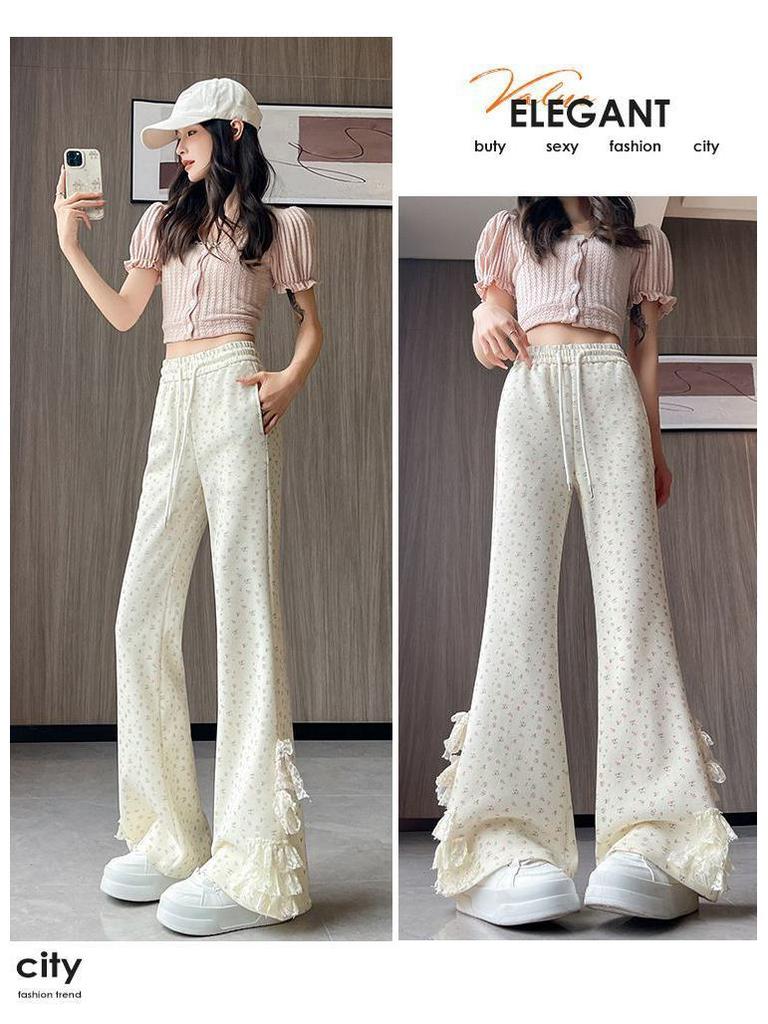 Lace Bow Floral High-Waisted Wide-Leg Summer 2026 Women's Casual Pants
