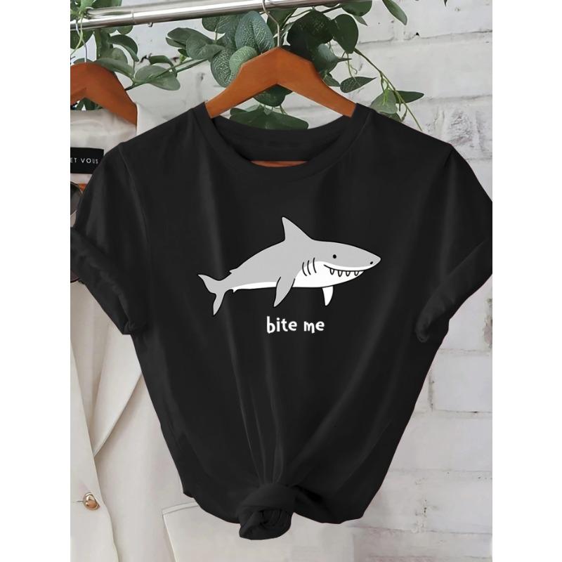[Hai Grafik T-Shirt] Damen Pinkes "Bite Me" Hai Grafik T-Shirt - Lässiges Rundhals Kurzarm T-Shirt, Leicht & Maschinenwaschbar,