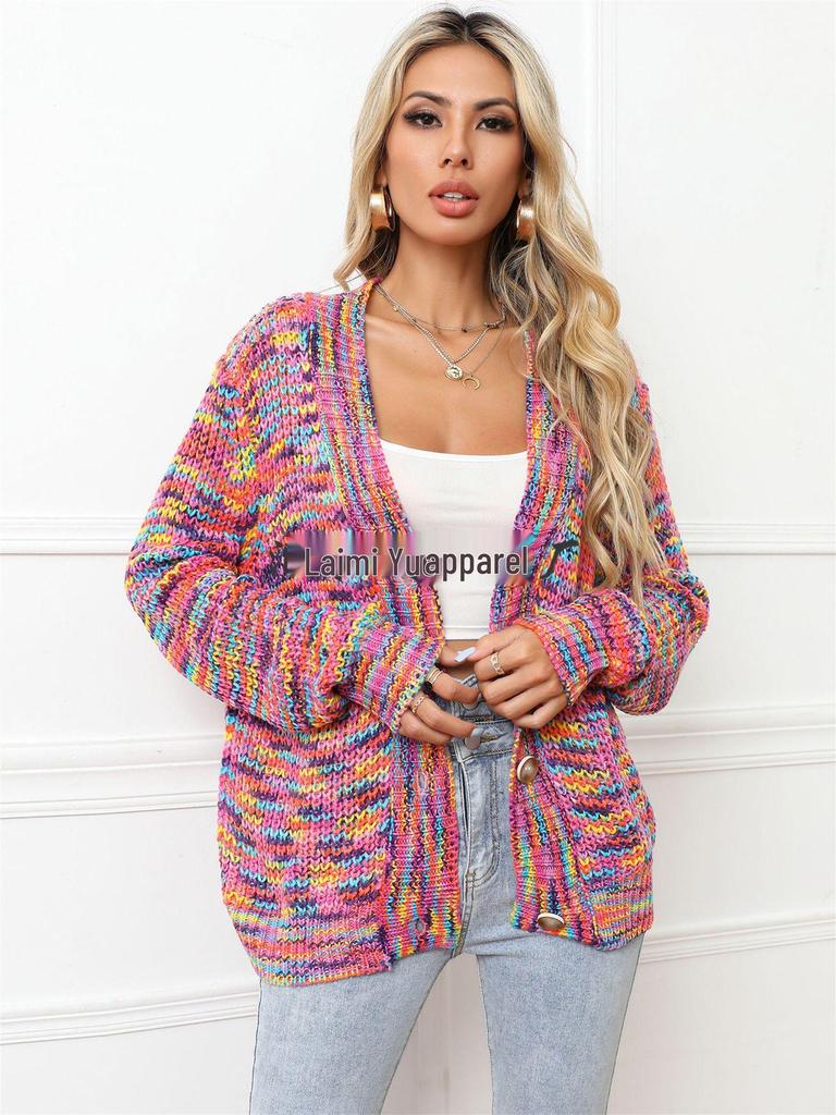 2026 Winter Tie-Dye Colorful Knit Cardigan Button-Up Sweater Plus Size Women's Fashion Knitwear