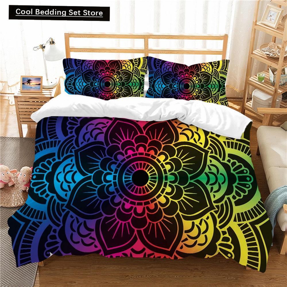 Bohemian Lotus King Queen Duvet Cover Boho Mandala Bedding Set For Kids Teens Adults Exotic Flowers 2/3Pcs Polyester Quilt Cover
