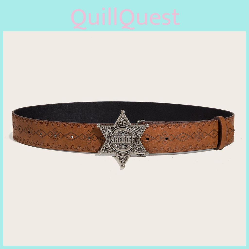 Star Silver Letter Buckle Texture Printed Pattern Belt For Both Men And Women