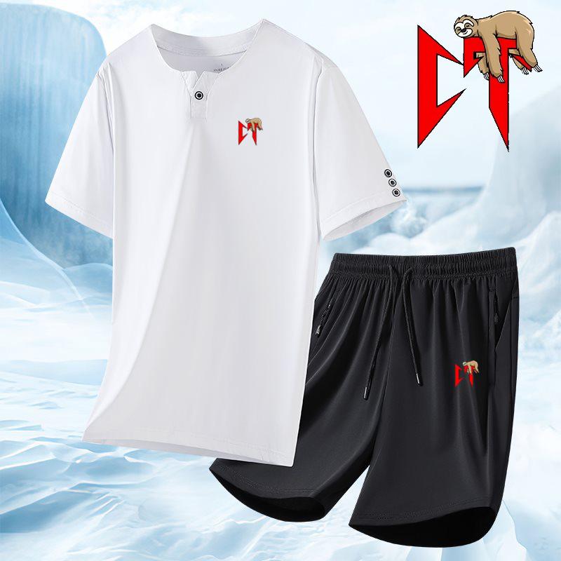 Summer Fitness Sportswear for Men Short-sleeved T-shirt and Shorts Two-piece Set Male Casual Tracksuit S белый