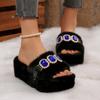 Winter Fashion Warm Short Plush Comfortable Slip On Rhinestone Platform House Slippers Casual Plus Size Shoes for Women 35-43