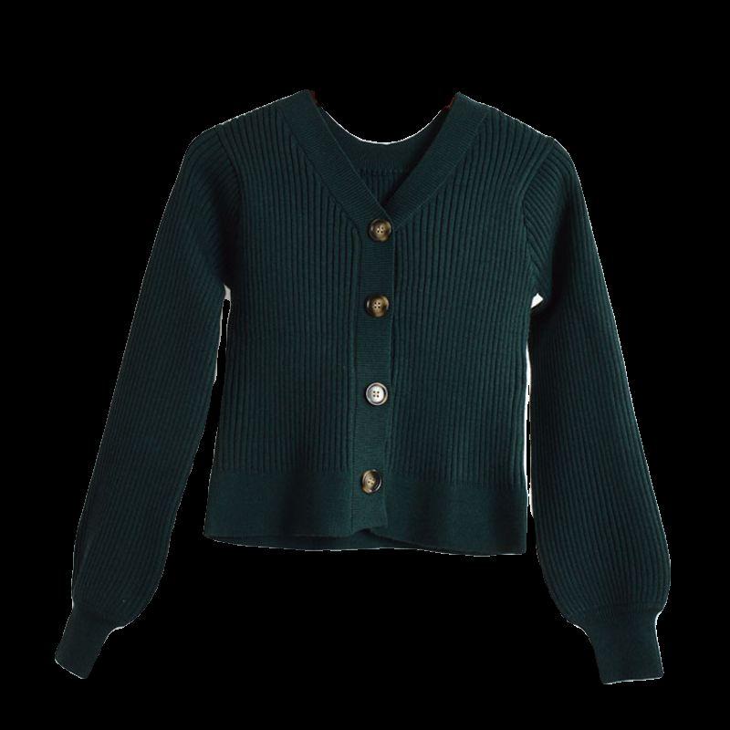 French Pure Color New Arrival Sunken Stripe V-neck Lantern Sleeve Knitting Sweater Cardigan Female Slim Fit Slimming Long Sleeves Coat Top