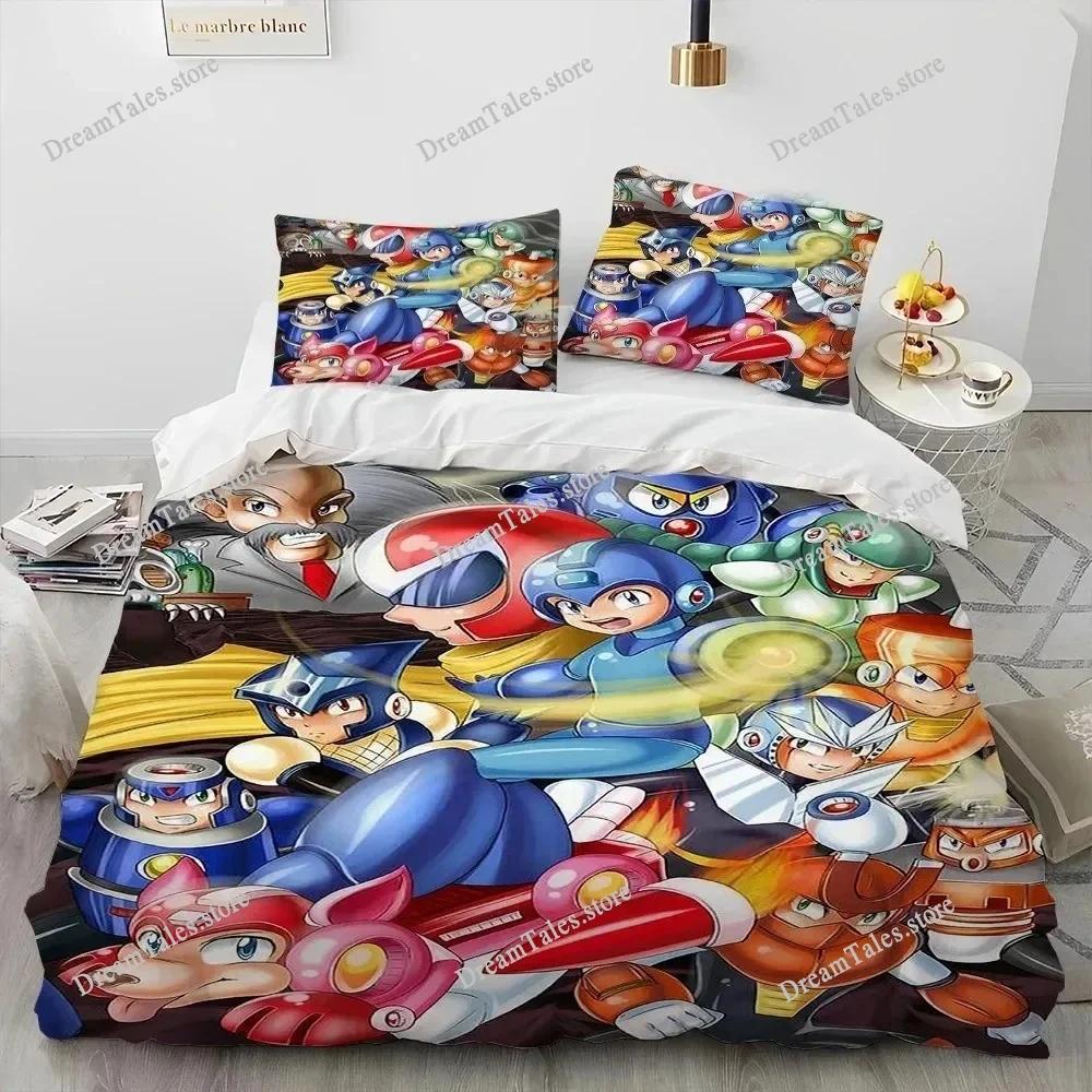 Set Biancheria da Letto Copripiumino 3D Rockman Megaman Gioco Cartone Animato, Copripiumino Set Letto Coperta Federa, Set Biancheria da Letto Matrimoniale Queen Size Bambino