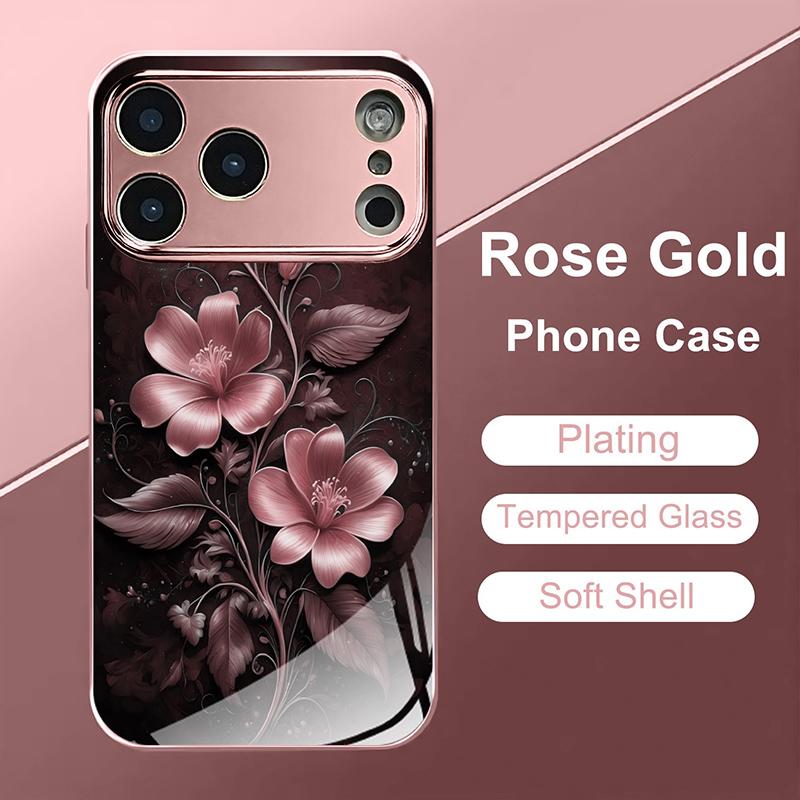 Pink Flowers Pattern Pink Metallic Tempered Glass Phone Case For iPhone 11 12 13 14 15 16 17 Pro Max 15 Plus 17 Air 16E Cover